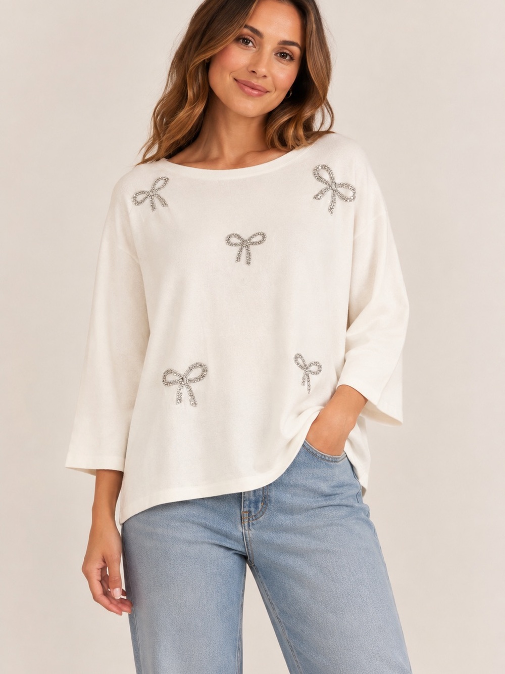 Milano Ivory Crewneck Sweater with Rhinestone Bow Accents